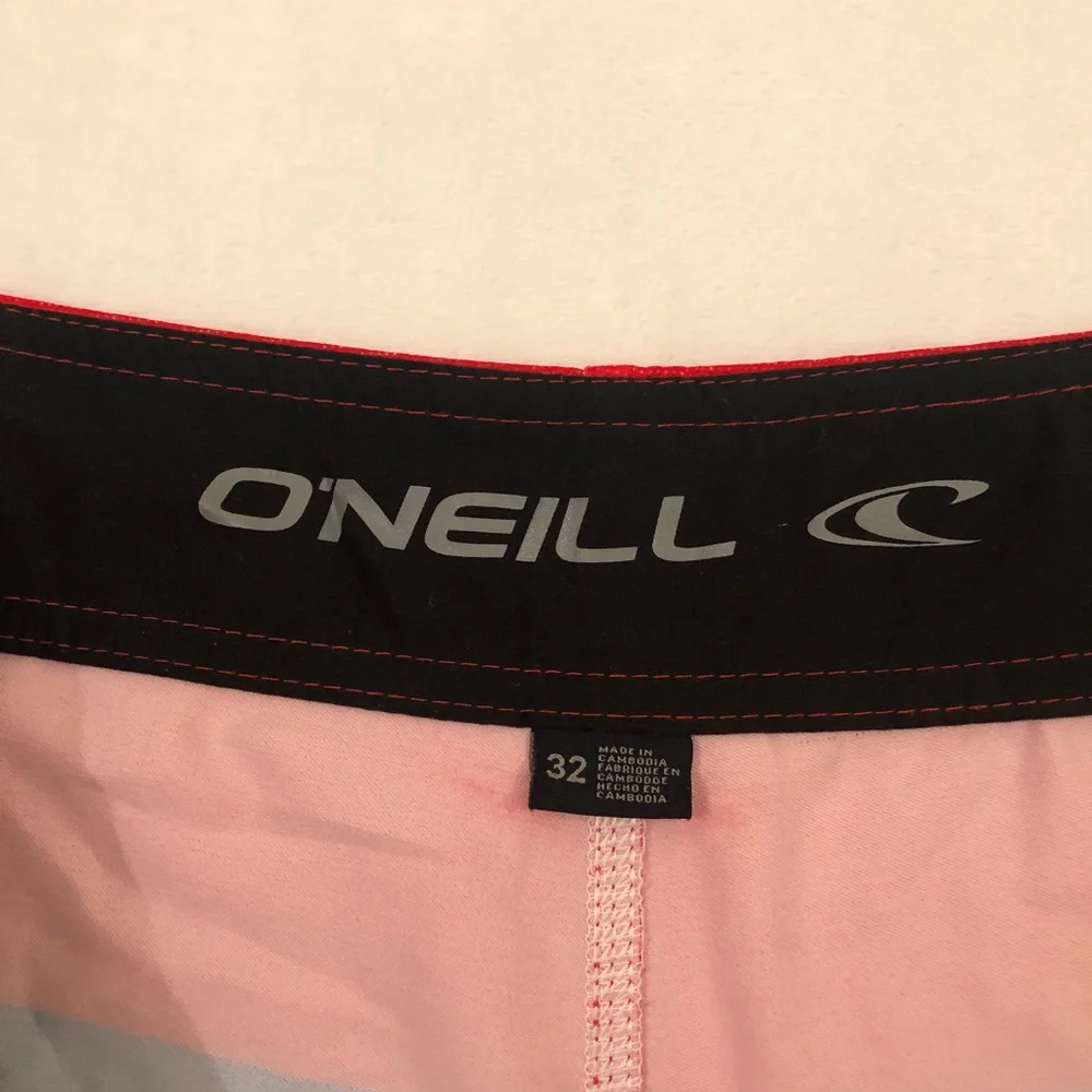 O’Neill Patriotic Red White & Blue Striped Board Shorts Swim Trunk Mens Waist 32